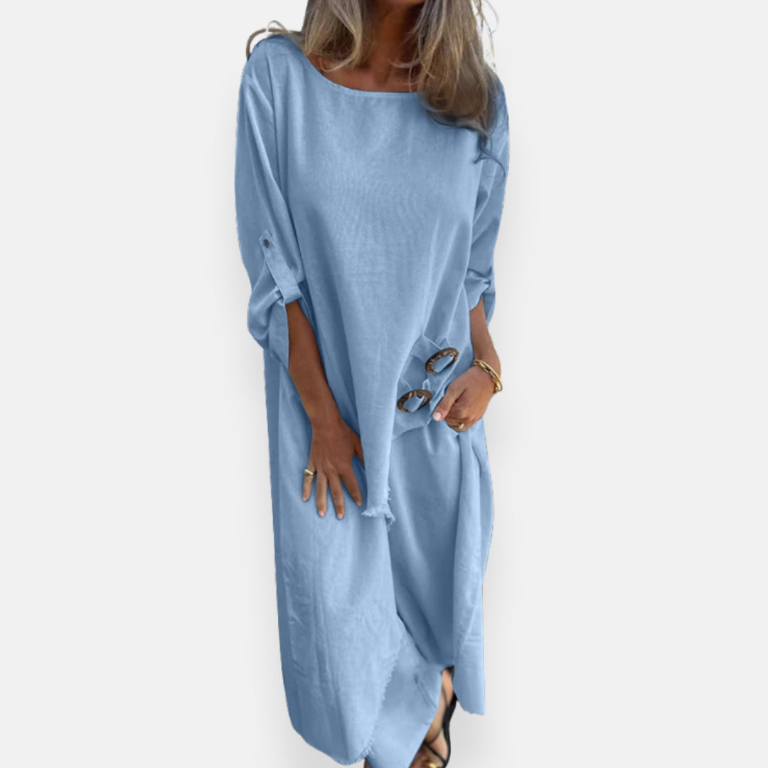 Lorenza – Abito lungo fluido con dettaglio a lacci