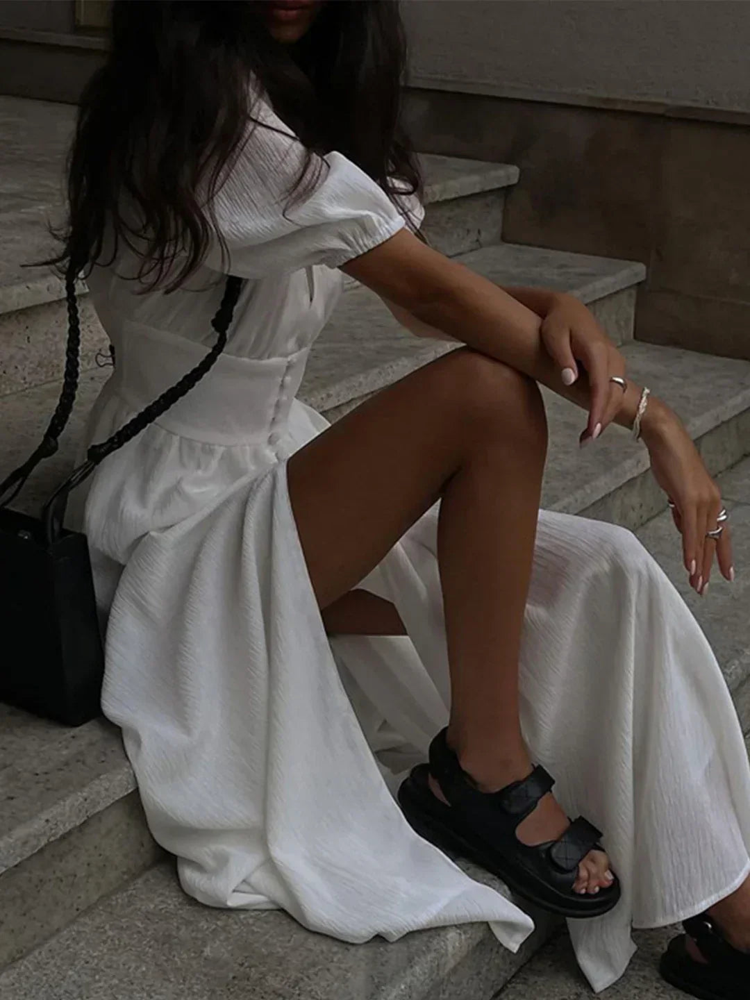 Irina® | Abito lungo con maniche a bolla e bottoni