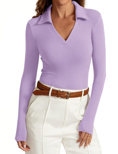 Liviana – Maglia a costine con scollo a V e colletto