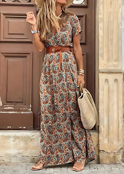 Drina | Abito maxi bohemien con vita arricciata